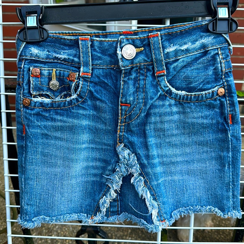 Blue frayed true religion skirt for girls size 5 also five pockets